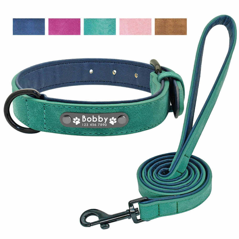 VIP PU Leather Personalized Dog ID Tag Collar and Leash Set