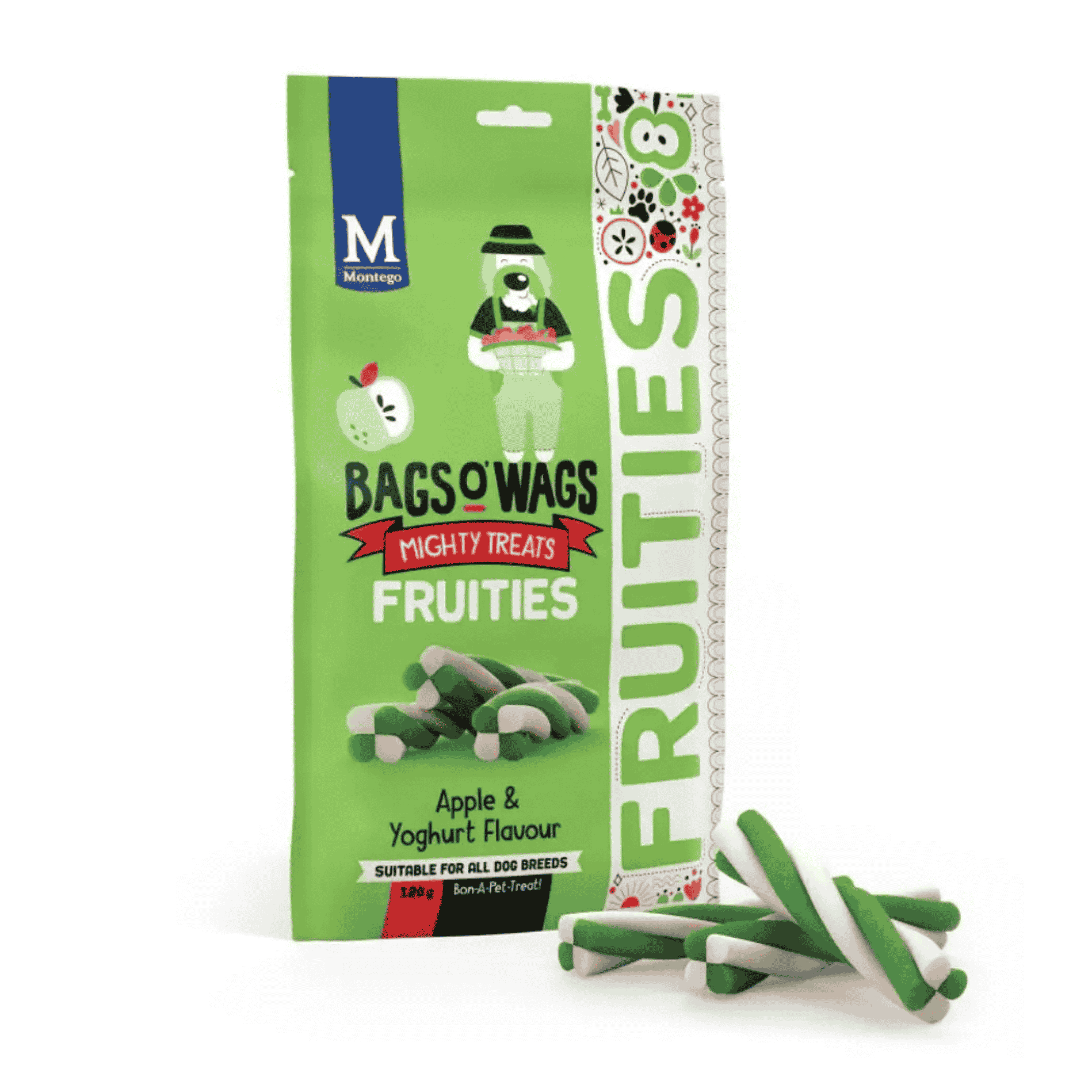 Pack Of 10 – Montego Bags O’ Wags Fruities Apple & Yoghurt – 120g