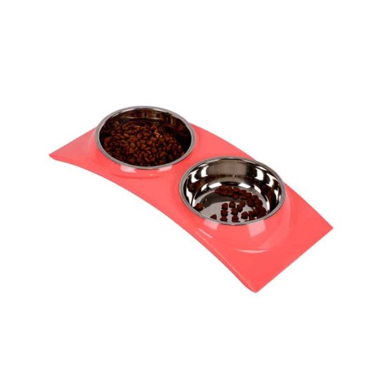 Curved Steel Stainless Double Pet Bowl - pink